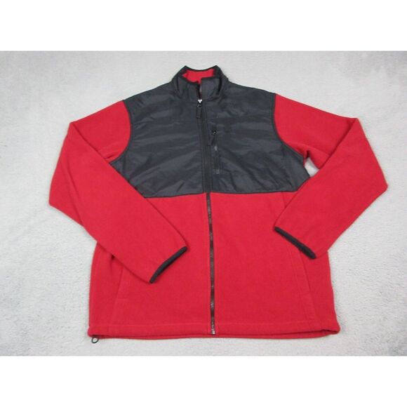 Timberland Jacket Mens Medium Red Full‎ Zip Fleece Outdoors Logo Pocket - Picture 1 of 10